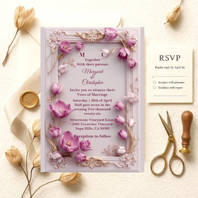 Tulipanes Rosa Rubor Barroco Opulento Invitación d (Blush Pink Tulips Baroque Opulent Ivory Wedding Invitation)