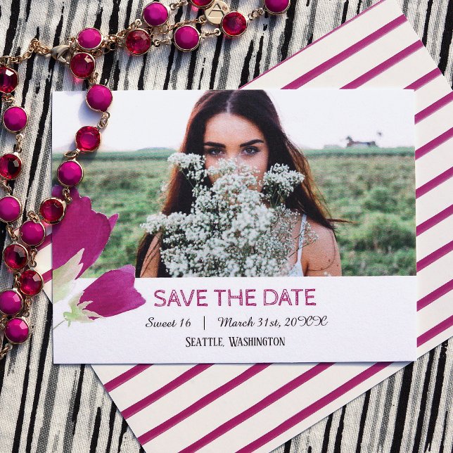 Tulipanes rosados calientes 16 Guardar la tarjeta  (hot pink tulips, pink spring floral sweet 16 save the date postcard)