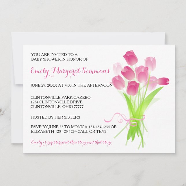 Tulipanes rosados - Invitación a Baby Shower (Anverso)