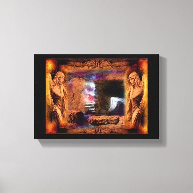 Tumba vacía de Jesús con ángeles de arte en pared (Anverso)