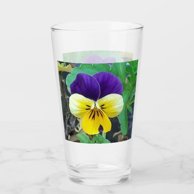 Tumblador de vidrio morado y amarillo pansy (Anverso)