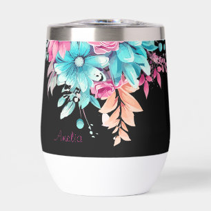 Tumblador térmico floral rosado y Verde azulado de