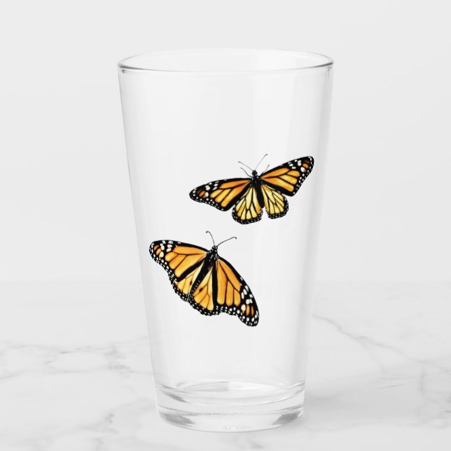 Tumbler de vidrio de 16 oz Dos mariposas monarca (Anverso)