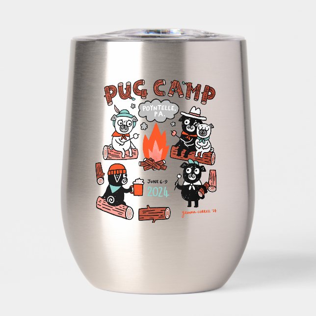 Tumbler de vino de acero inoxidable Pug Camp 2024 (Frente)
