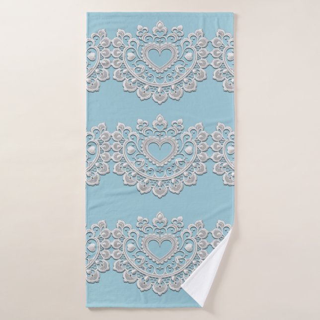 Turquesa Azul Blanco Encaje Corazón Boda Bridal (Toalla de baño)