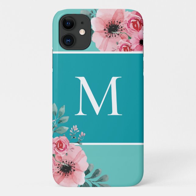 Turquesa | Funda floral monograma de bloque de col (Reverso)