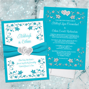 Turquesa, plata amor corazón Invitación a la boda
