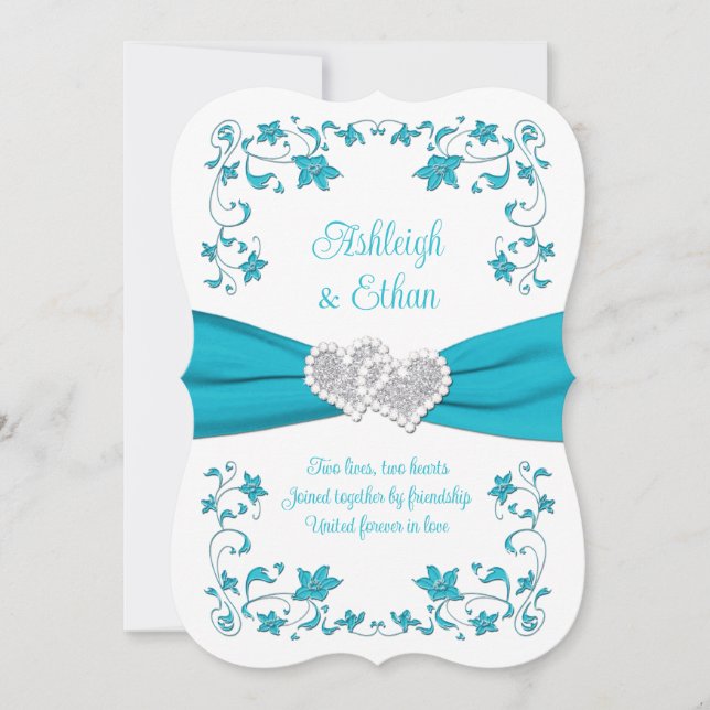 Turquesa, plata amor corazón Invitación a la boda (Anverso)