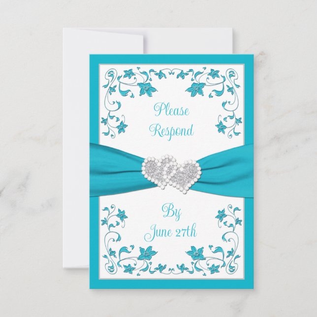 Turquesa, Silver Love Hearts Wedding Tarjeta RSVP  (Anverso)
