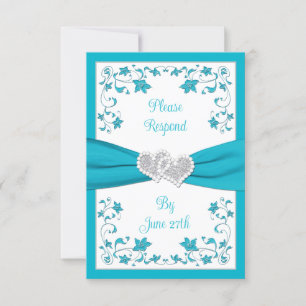 Turquesa, Silver Love Hearts Wedding Tarjeta RSVP