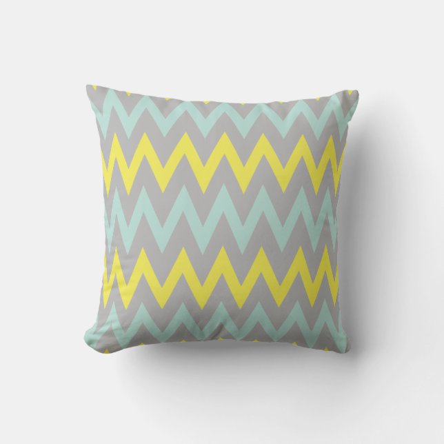 Turquesa vibrante, almohada amarilla y gris (Anverso)