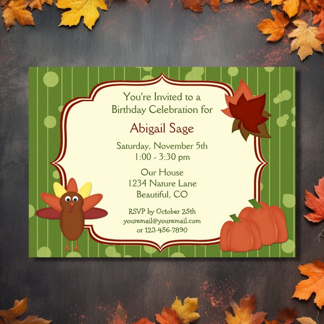 Turquía, calabazas y hojas invitación de cumpleaño (Front - Turkey, Pumpkins and Leaves Birthday Invitation)