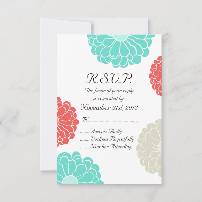 Turquoise Coral Zinnia Flower Wedding RSVP (Anverso)