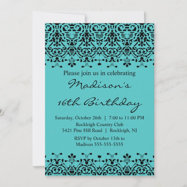 Turquoise Damask Sweet 16 Invitaciones de cumpleañ (Anverso)