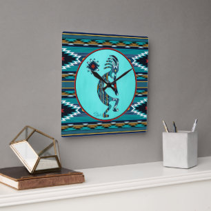 Turquoise Kokopelli Gran reloj de pared