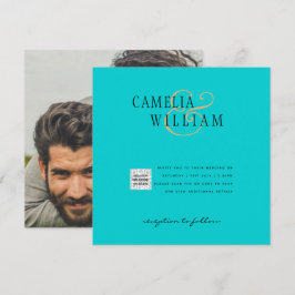 Turquoise Photo Wedding Invitar código QR Guardar 