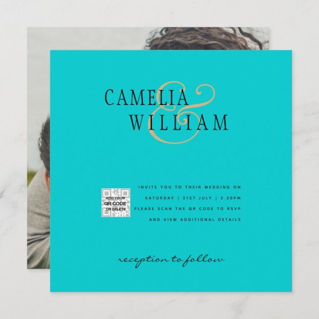 Turquoise Photo Wedding Invitar código QR Guardar  (Anverso / Reverso)
