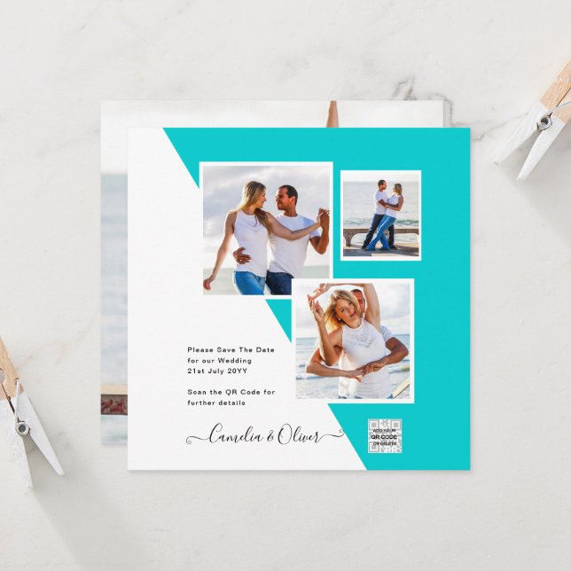 Turquoise Photo Wedding Invite QR Code Save Date (Anverso/Reverso In Situ)