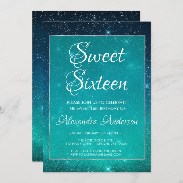 Turquoise Sparkle Sky Sweet 16 Invitación de cumpl (Anverso / Reverso)