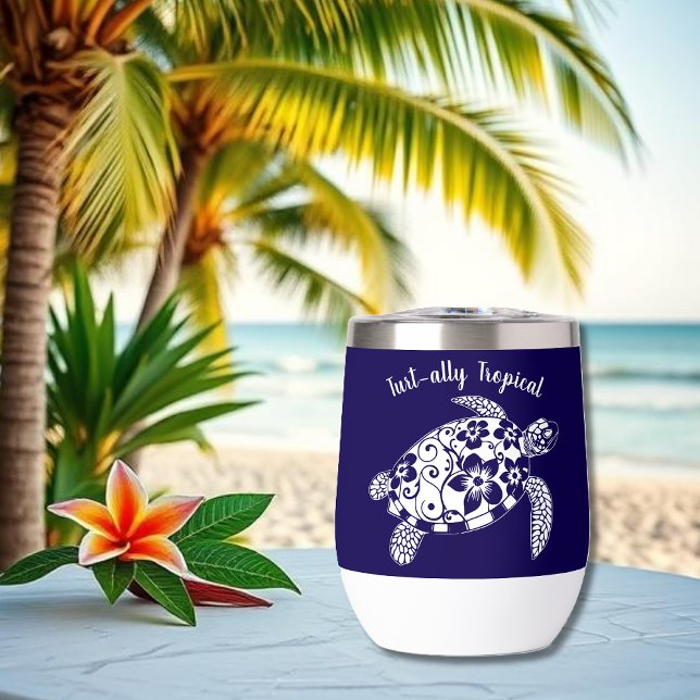 Turtle-Fisherman Hawai Estético-Azul oscuro (Hawaiian Turtle-Tropical Flowers, Elegant Tribals, summer, beach, fisherman aesthetic, wine tumbler)