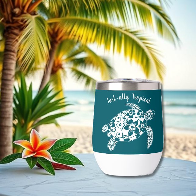 Turtle-Fisherman hawaiano estético-Verde azulado (Hawaiian Turtle-Tropical Flowers, Elegant Tribals, summer, beach, fisherman aesthetic, wine tumbler)