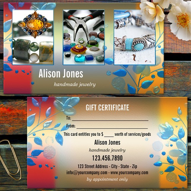 Tus 3 fotos de empresas de regalos de joyas de flo (Artisan crafts or jewelry business card featuring your photos framed by a colorful floral design)