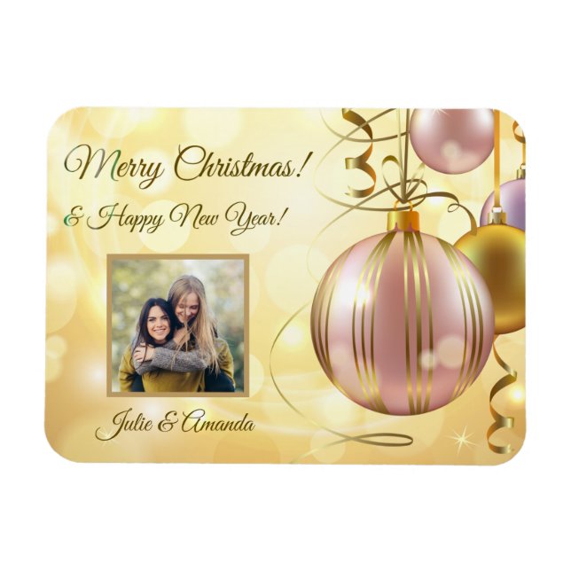 TUS fotos y nombres Navidades imán de bolas (Horizontal)