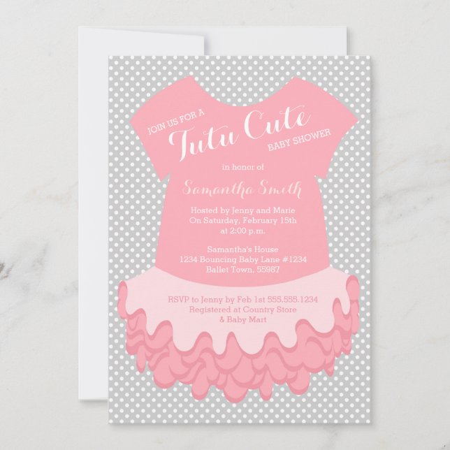 Tutu Cute Invitación Baby Shower rosa y gris (Anverso)