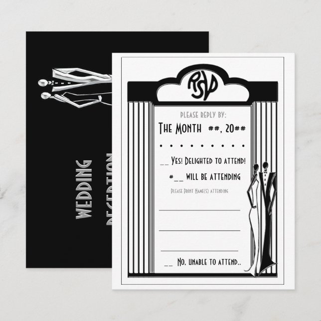Tuxedo - Art Deco - Tarjeta RSVP de color negro so (Anverso / Reverso)