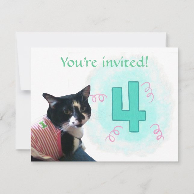 Tuxedo Cat Age Four Birday Party Invitaciones (Anverso)