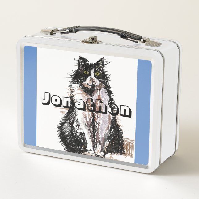 Tuxedo Cat Black White Cute Chids Nombre Lunch Box (Anverso)