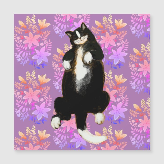 Tuxedo gato Dormido en cama de flores (Anverso)