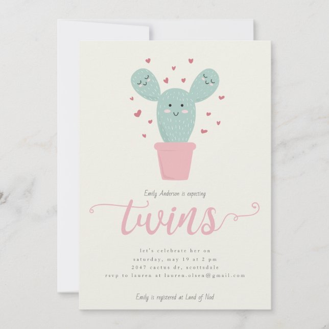 Twin Cacti | Invitación de gemelos a Baby Shower (Anverso)