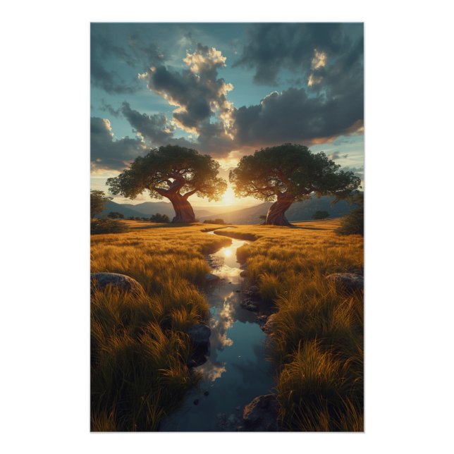 Twin Guardians – Golden Meadow Sunset Poster (Anverso)