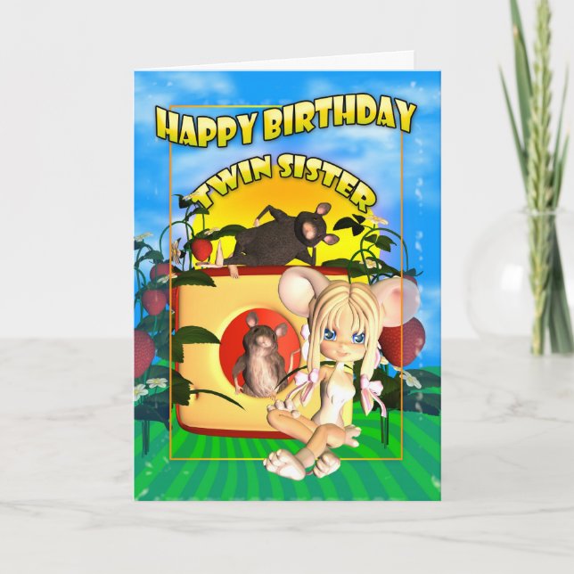 Twin Sister Birthday tarjeta cutie mouse (ratón) c (Anverso)