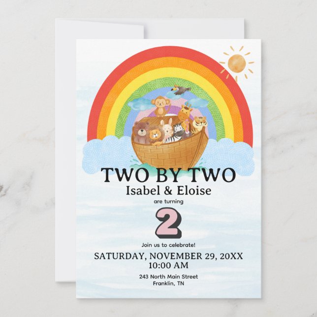 TWIN Two by Two Noah's Ark Girl Birthday Invite (Anverso)