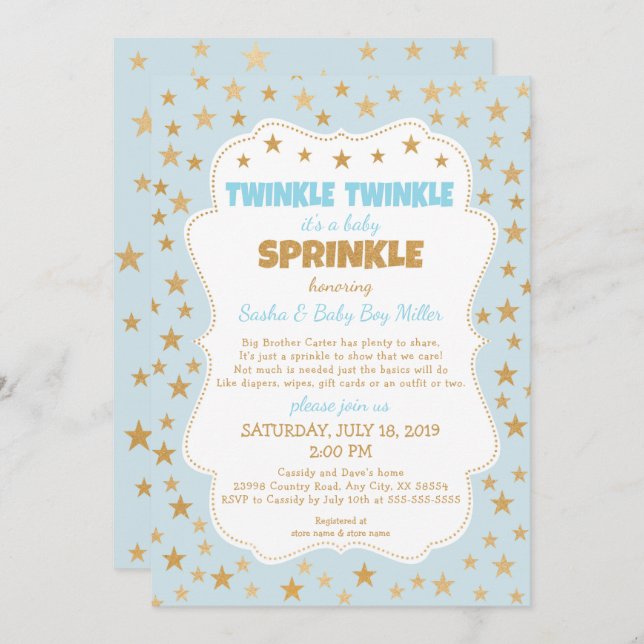 Twinkle Baby Sprinkle azul dorado invitaciones (Anverso / Reverso)