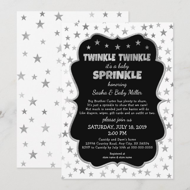 Twinkle Baby Sprinkle invitaciones de plata negra (Anverso / Reverso)