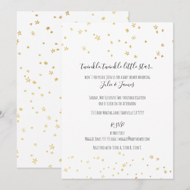 Twinkle de oro Pequeñas estrellas bebes invitacion (Anverso / Reverso)