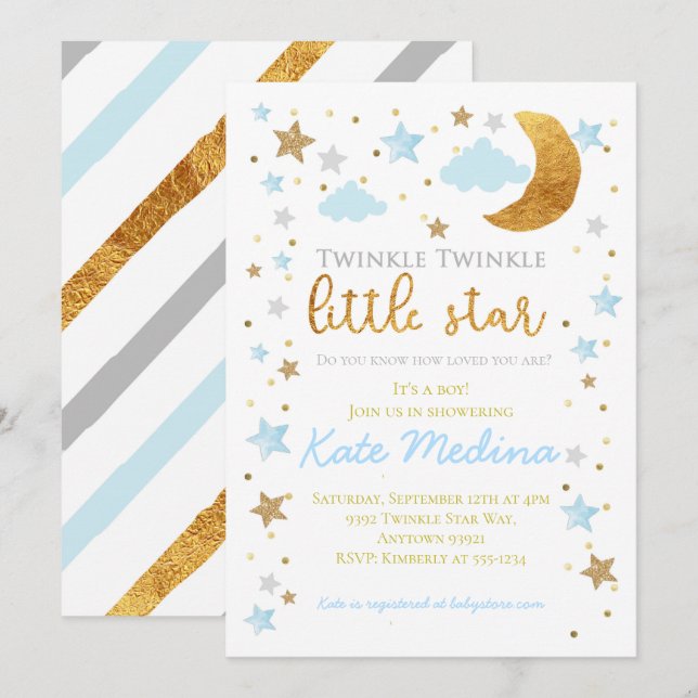 Twinkle Little Star Baby Shower Invitación Boy Blu (Anverso / Reverso)