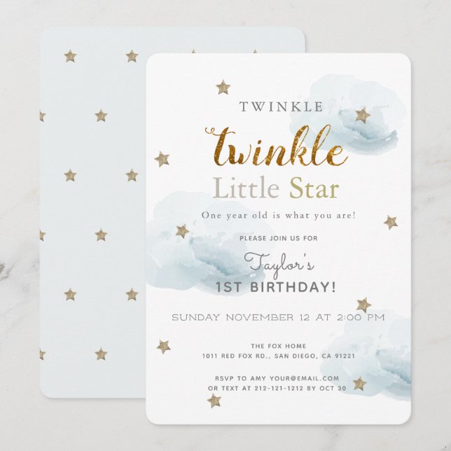 Twinkle Little Star Blue Invitación de cumpleaños  (Anverso / Reverso)