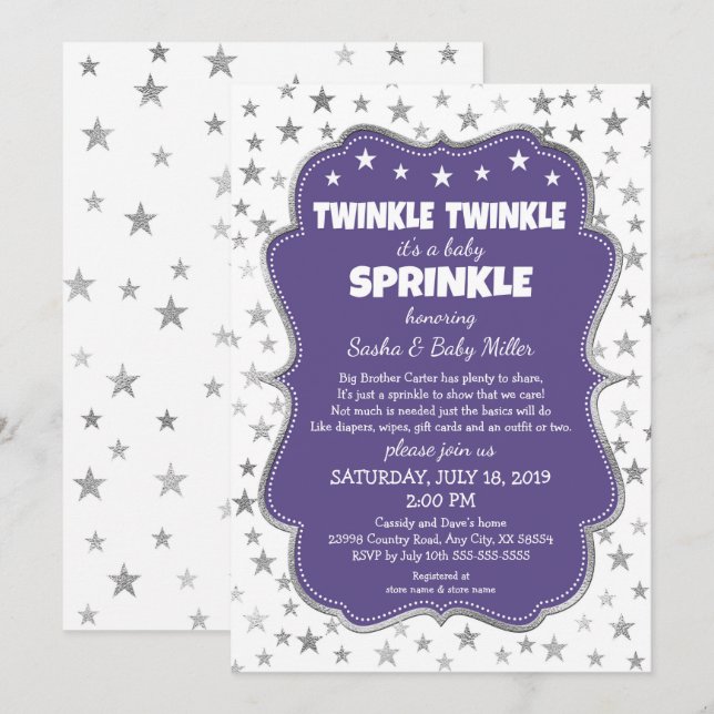 Twinkle Twinkle Baby Sprinkle invitaciones violeta (Anverso / Reverso)
