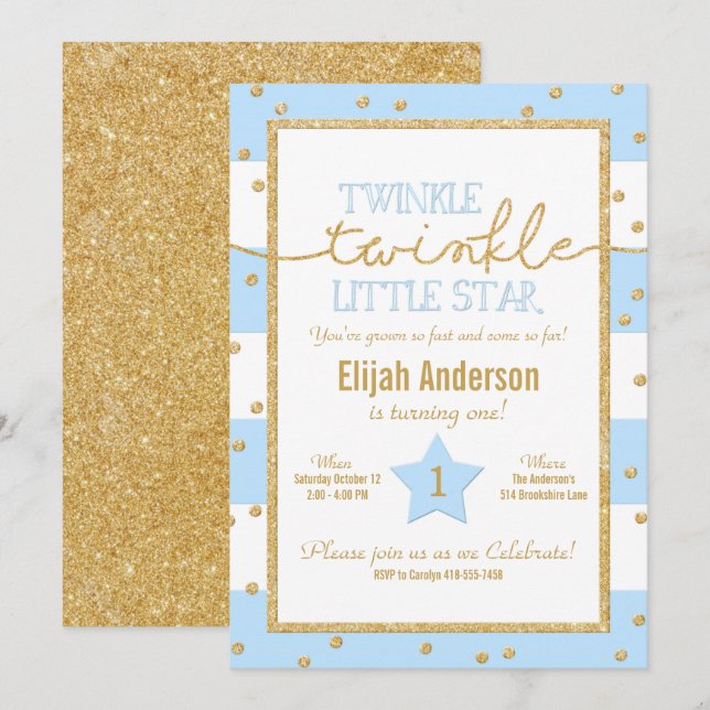 Twinkle Twinkle Invitación a los cumpleaños azules (Anverso / Reverso)