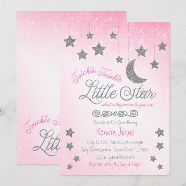 Twinkle Twinkle, invitación rosa de Baby Shower (Anverso / Reverso)