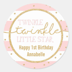 Twinkle Twinkle Pegatina de cumpleaños rosa y oro