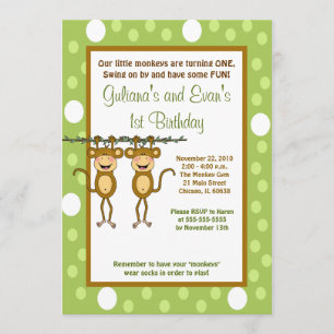 TWINS Baby Monkey 5x7 1er cumpleaños Invitación