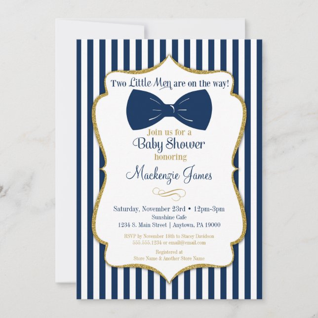 Twins Boy Invitación Baby Shower Blue Gold Bow Tie (Anverso)