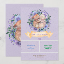 Twins Bunnies Purple Floral Birthday Party invita