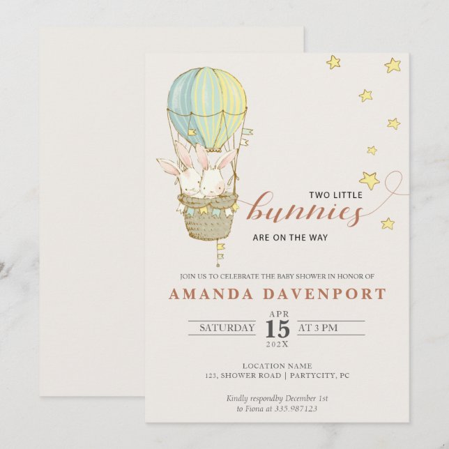 TWINS Bunny Balloons baby ducha Invitación (Anverso / Reverso)