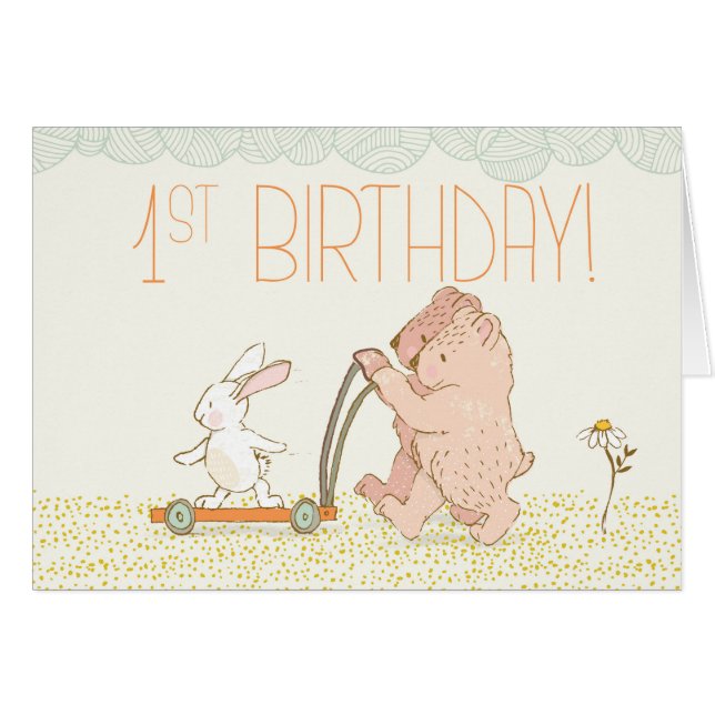 Twins First Birthday Walking Bear and Rabbit (Anverso (Horizontal))